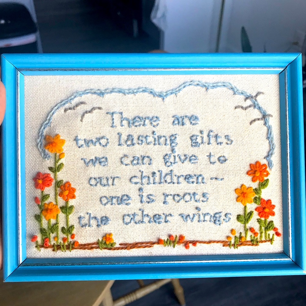 Embroidered framed cottagecore wall hanging